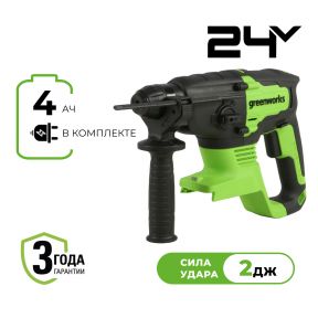 Аккумуляторный перфоратор Greenworks GD24SDS2K4 б/щ, 2 Дж, 24v (АКБ 1х4Ah, З/У, сумка) Аккумуляторный перфоратор Greenworks GD24SDS2K4 б/щ, 2 Дж, 24v (АКБ 1х4Ah, З/У, сумка)
